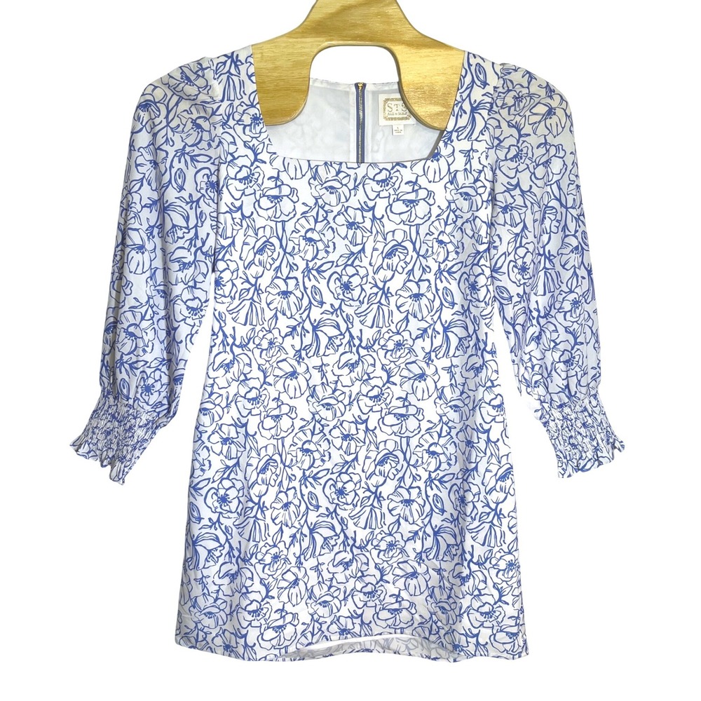 Sail to Sable Women Blue White Floral Square Neck Shift Dress Smocked Cuff Large